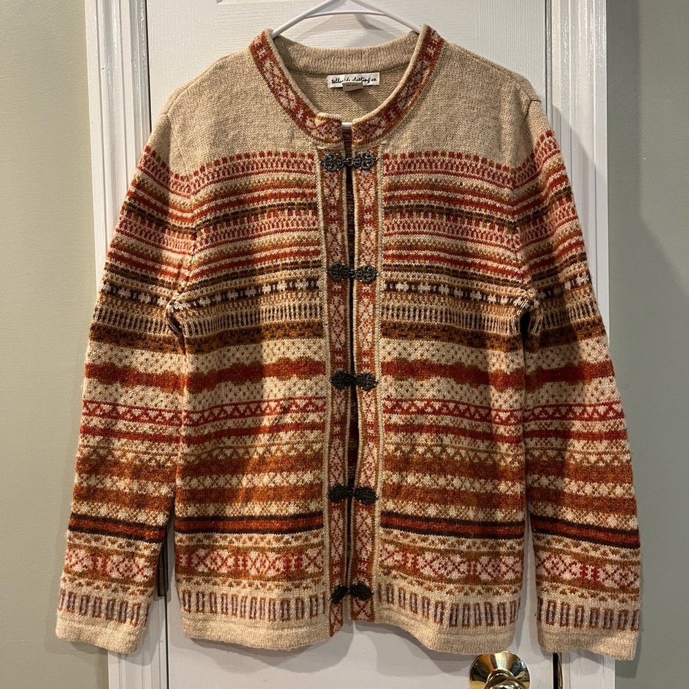 telluride clothing co tan/orange 100% wool metal clasp sweater women’s M bin4